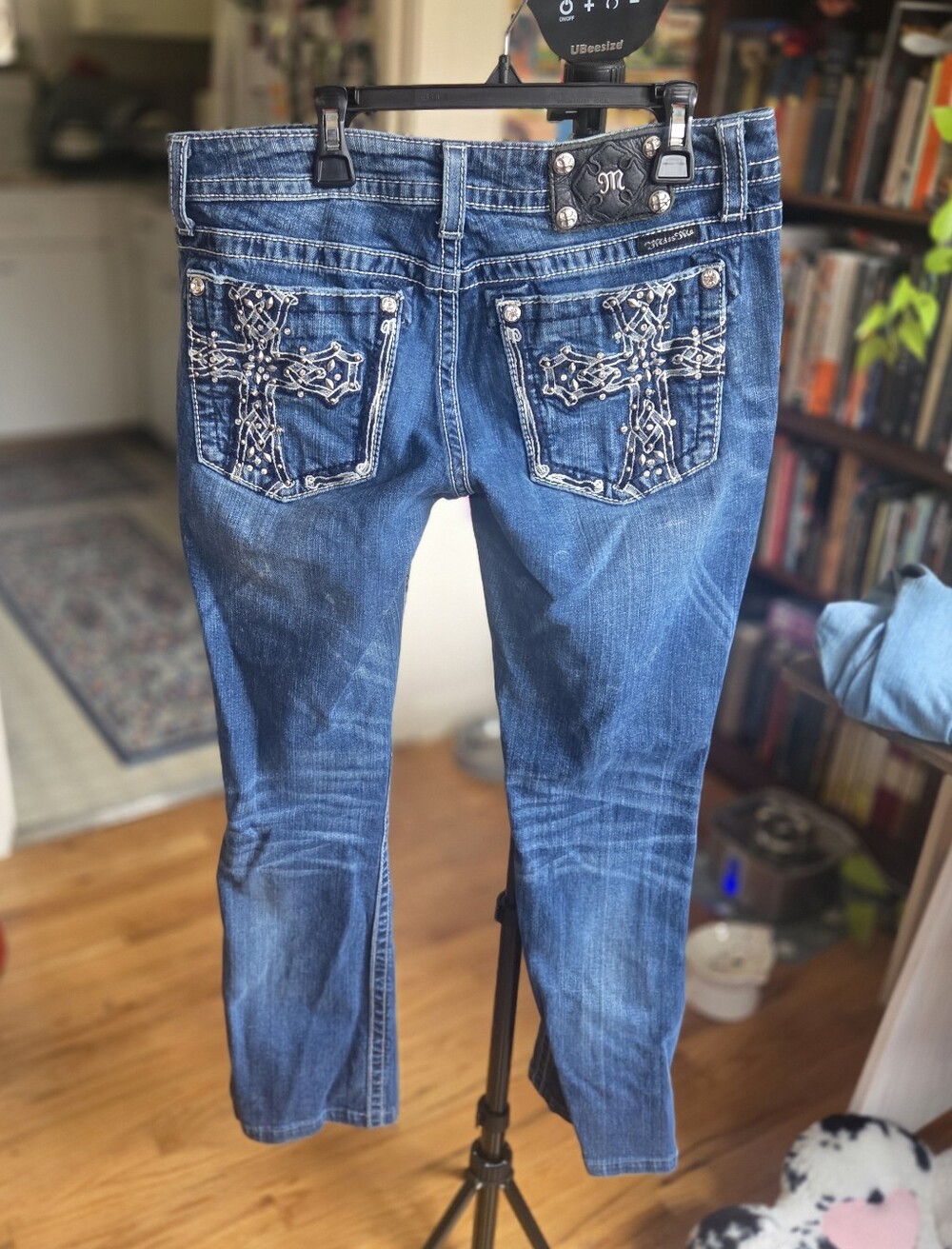 Miss Me Blue Embellished Cross Pocket Low Rise Jeans